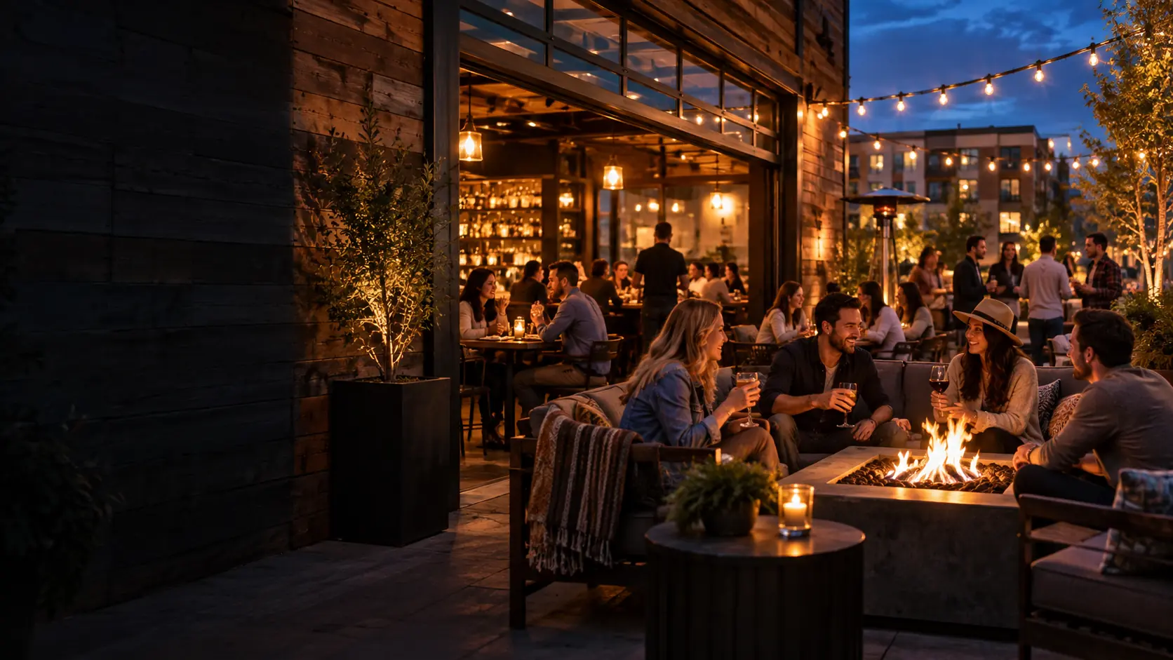 Illustrative concept: Colorado-style grill and patio at dusk
