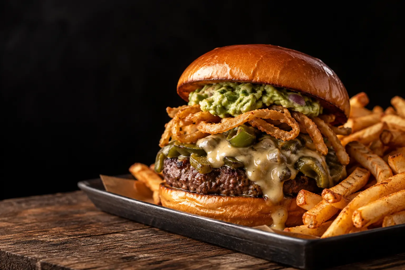 Illustrative concept: green chile burger and fries