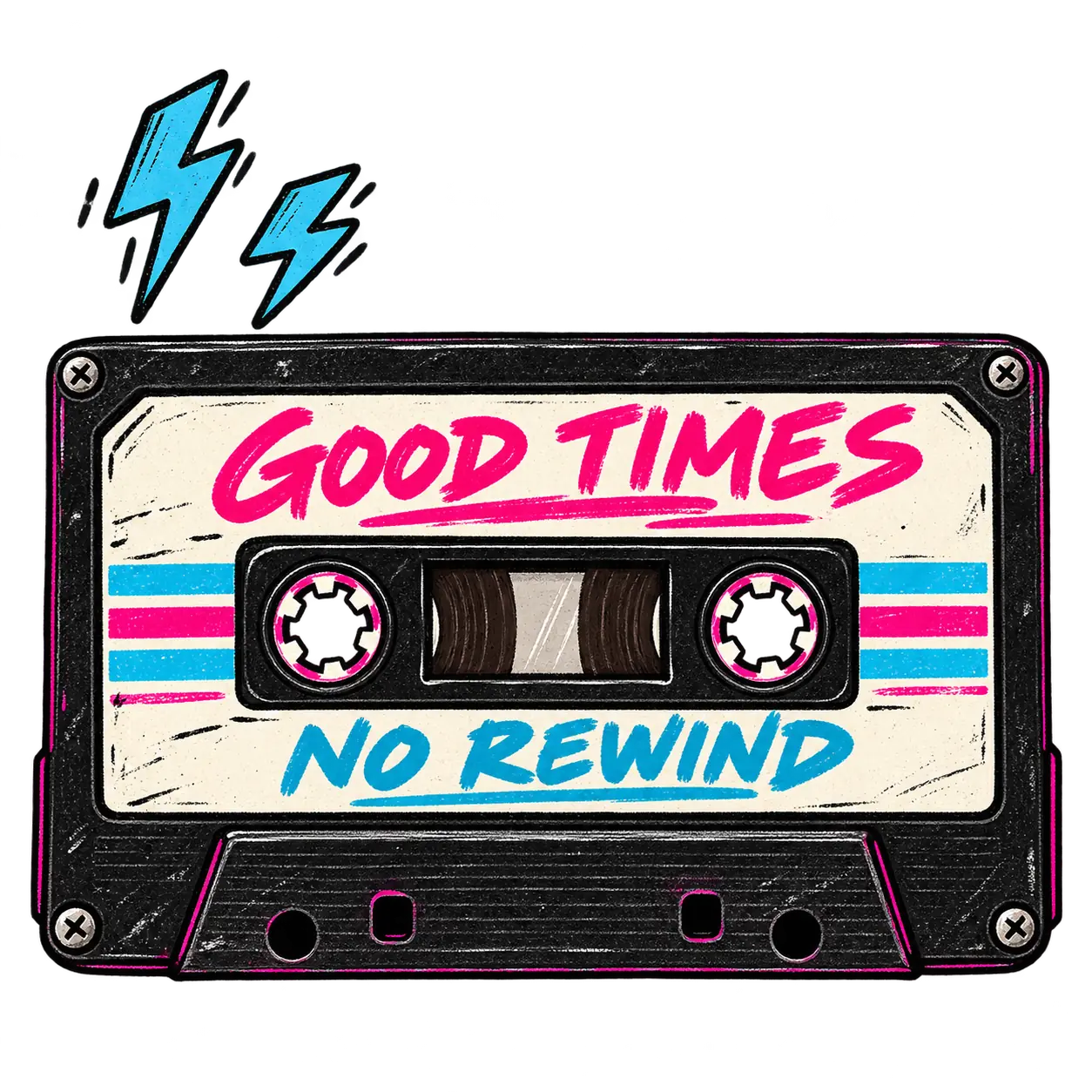 Good times. No rewind. Cassette sticker with cyan lightning bolts