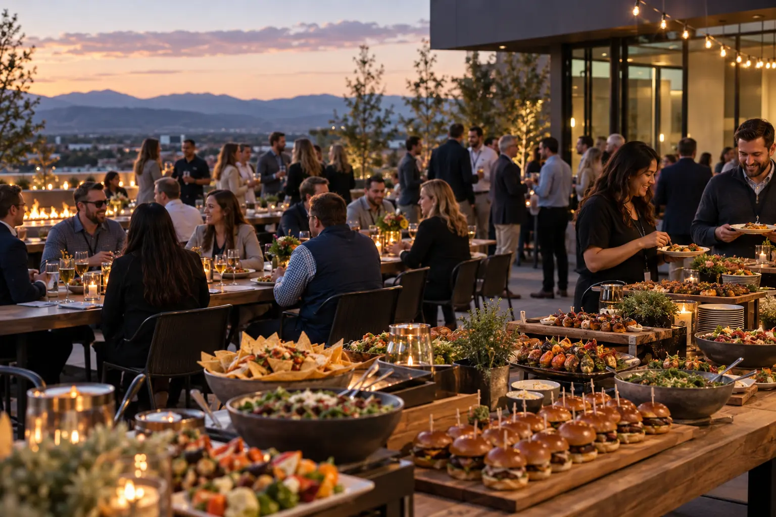 Company catering event with communal tables, shared food, and coworkers