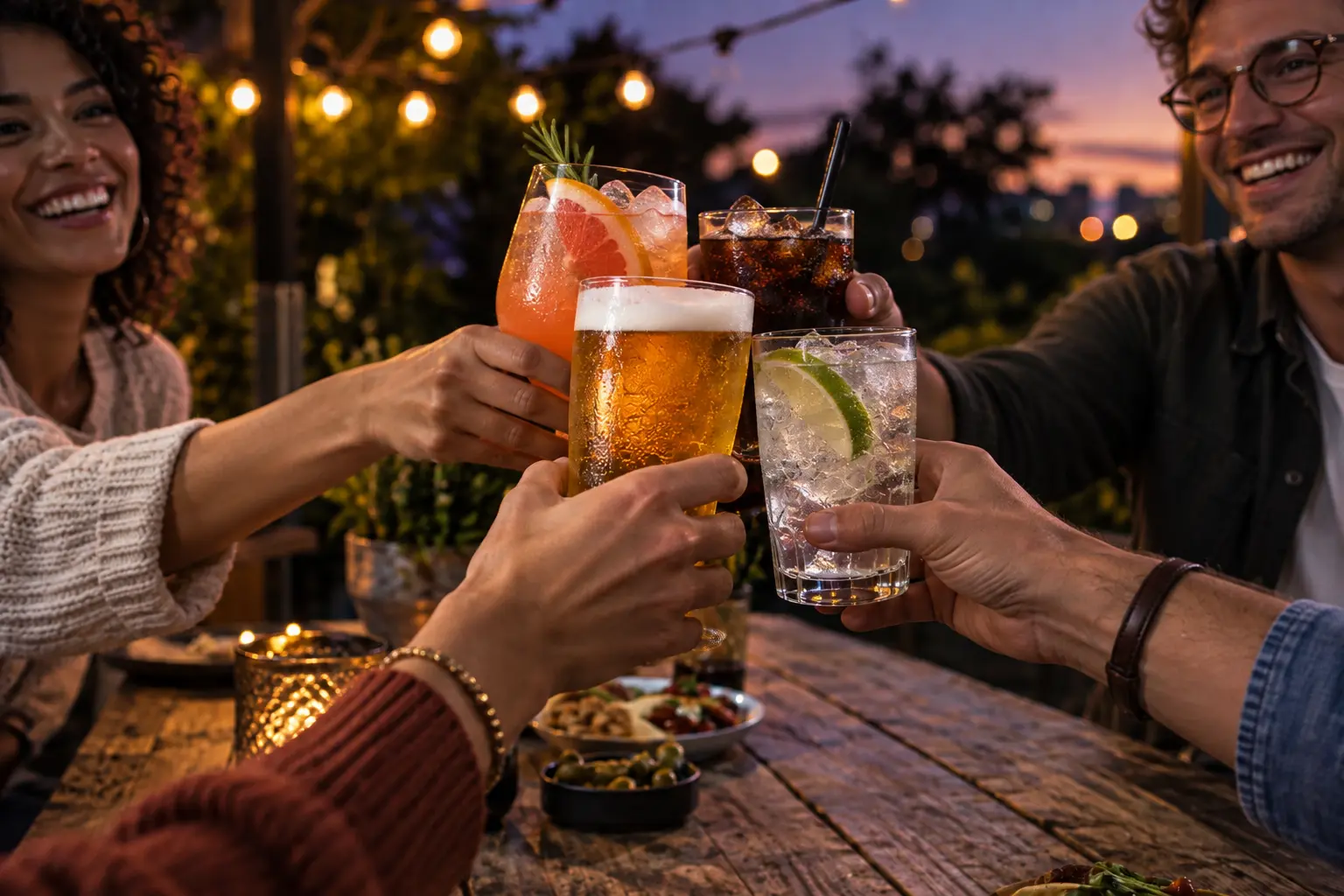 Friends toasting with a cocktail, beer, clear drink, and soft drink