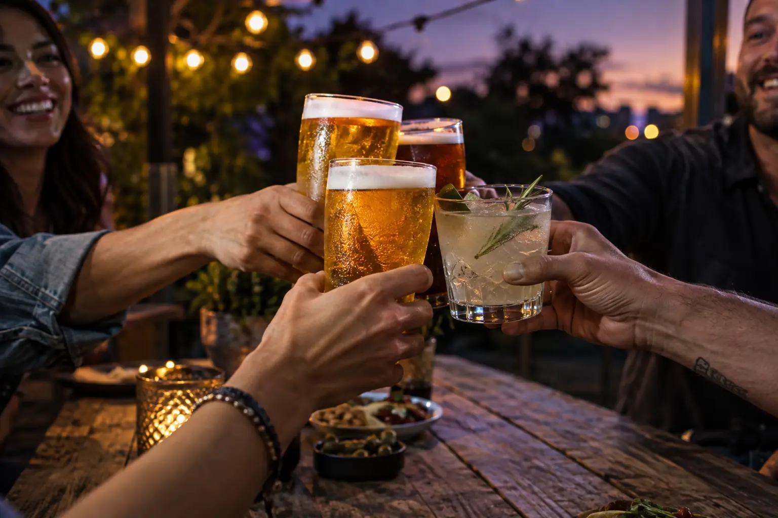Illustrative concept: adult friends toasting on a patio