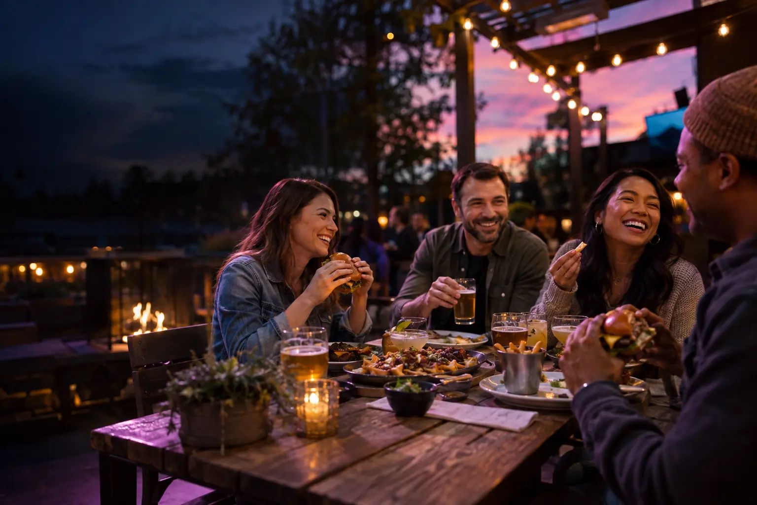 Illustrative gathering of adult friends sharing food at a patio table