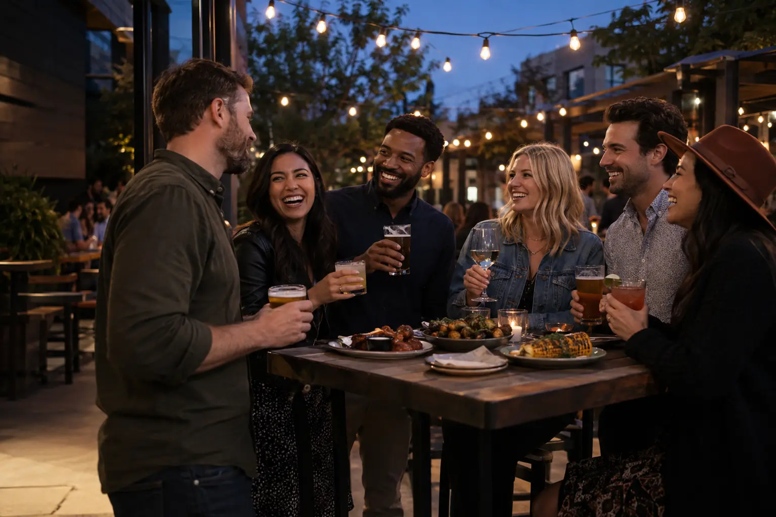 Group of adult friends holding drinks around a high-top table with appetizers beneath warm patio string lights