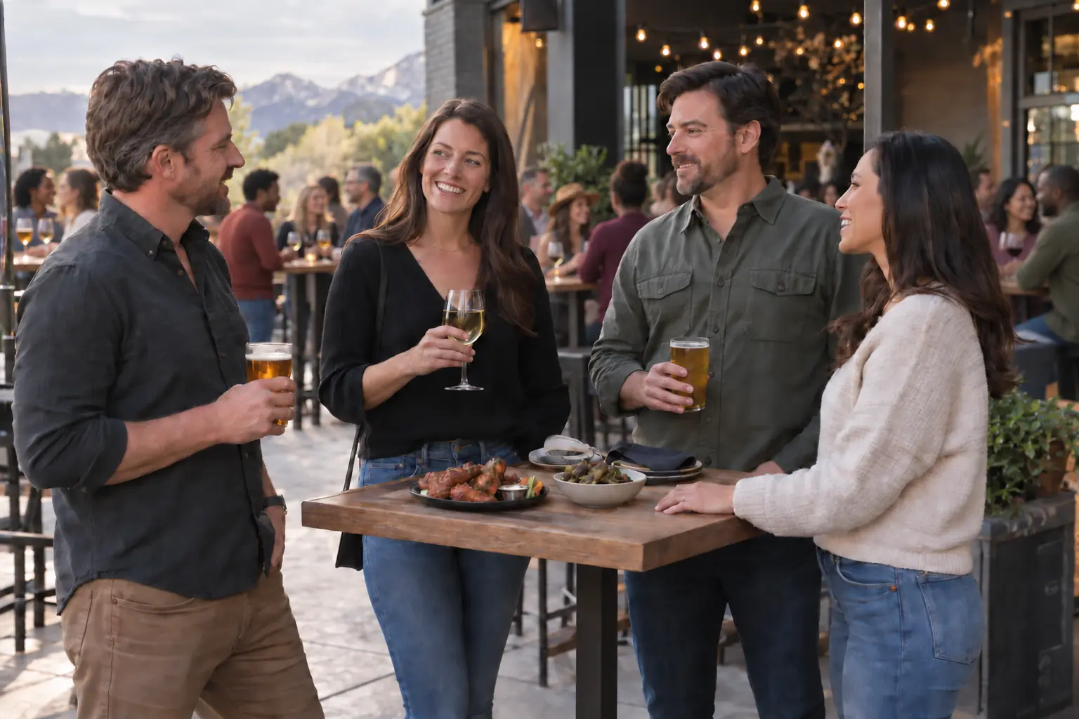 Four adult friends standing around a high-top table with beer, wine, wings and Brussels sprouts