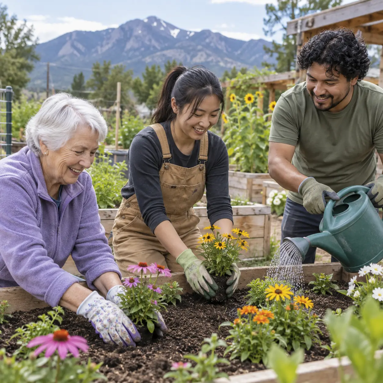 Illustrative concept of neighbors volunteering together