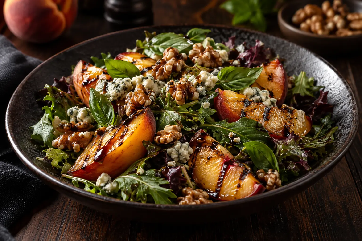 Illustrative concept of a grilled peach salad with gorgonzola, basil, walnuts and mixed greens