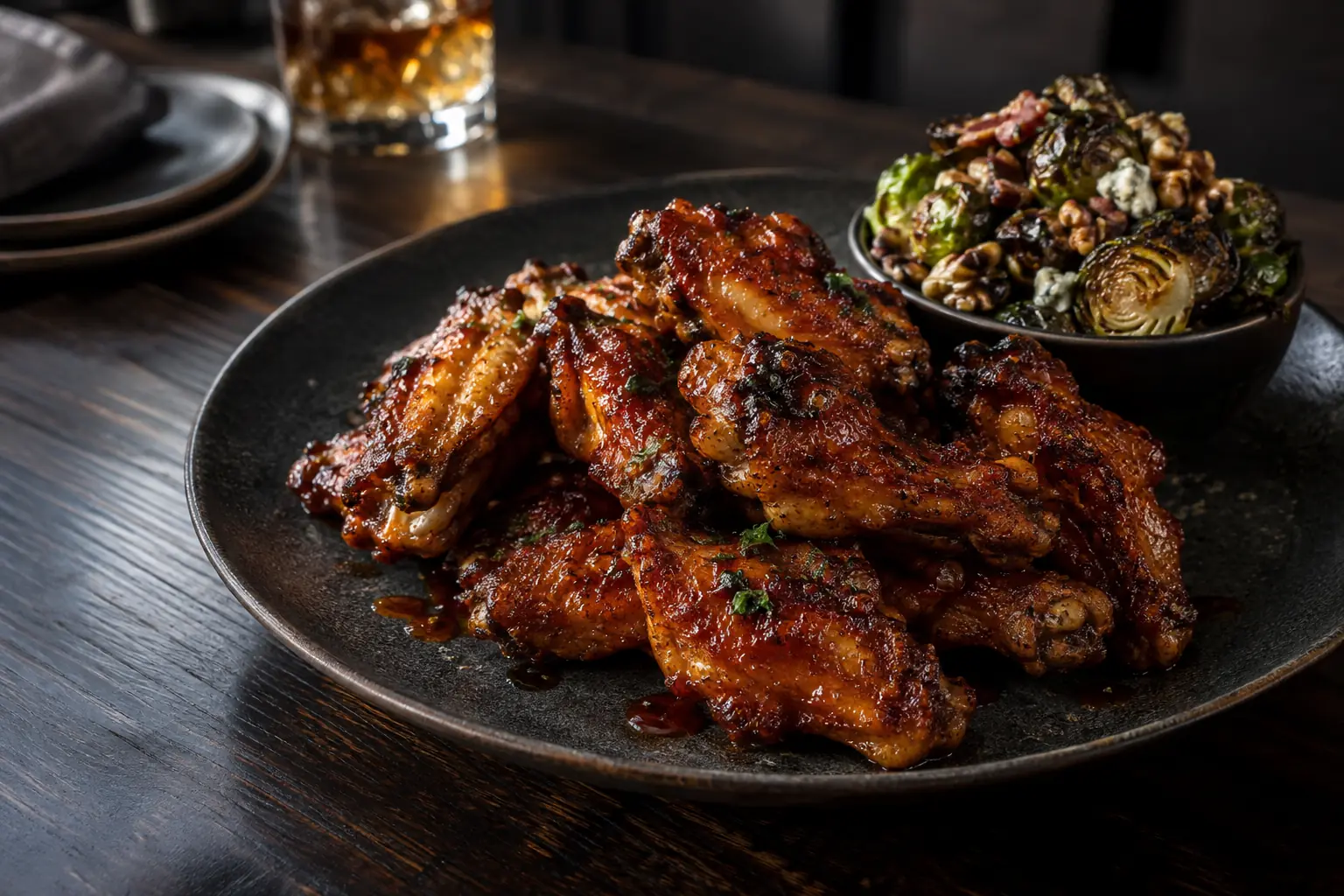 Crispy chicken wings with a side of Brussels sprouts, bacon, gorgonzola and walnuts