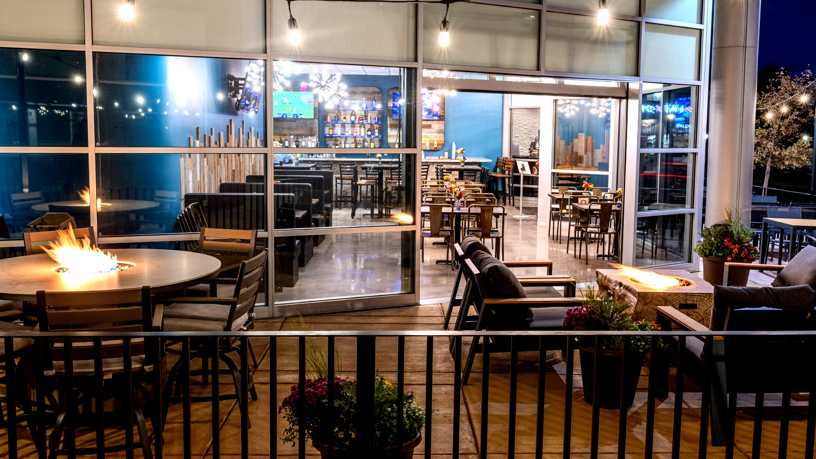 Neighborhood grill and patio atmosphere at dusk